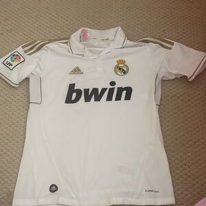 adidas White Kids Real Madrid Home Jersey with Gold Trim